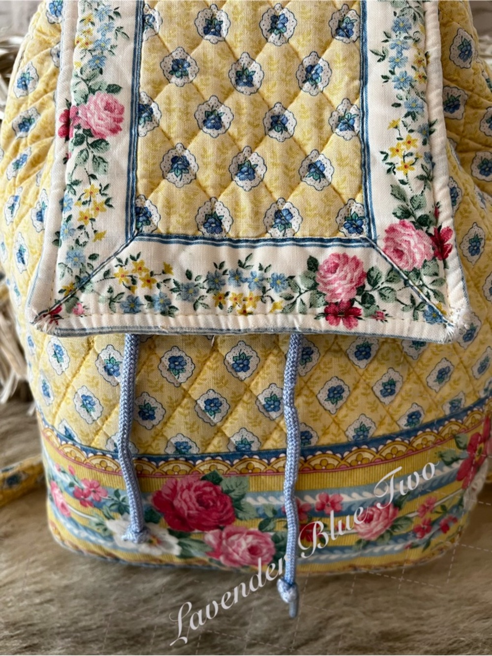 Vintage VERA BRADLEY Elizabeth 1997 Flap Drawstring Backpack Yellow Blue Indiana - Picture 3 of 16